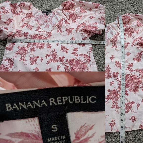 Banana Republic Pink Red Floral Rose Puff Sleeve V Neck Cotton Blouse S - Picture 8 of 8